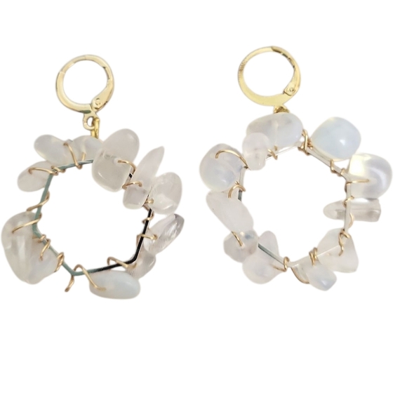 18K Gold Plated Faux Opal Chip Hexogon Hoop Earring - Picture 1 of 3